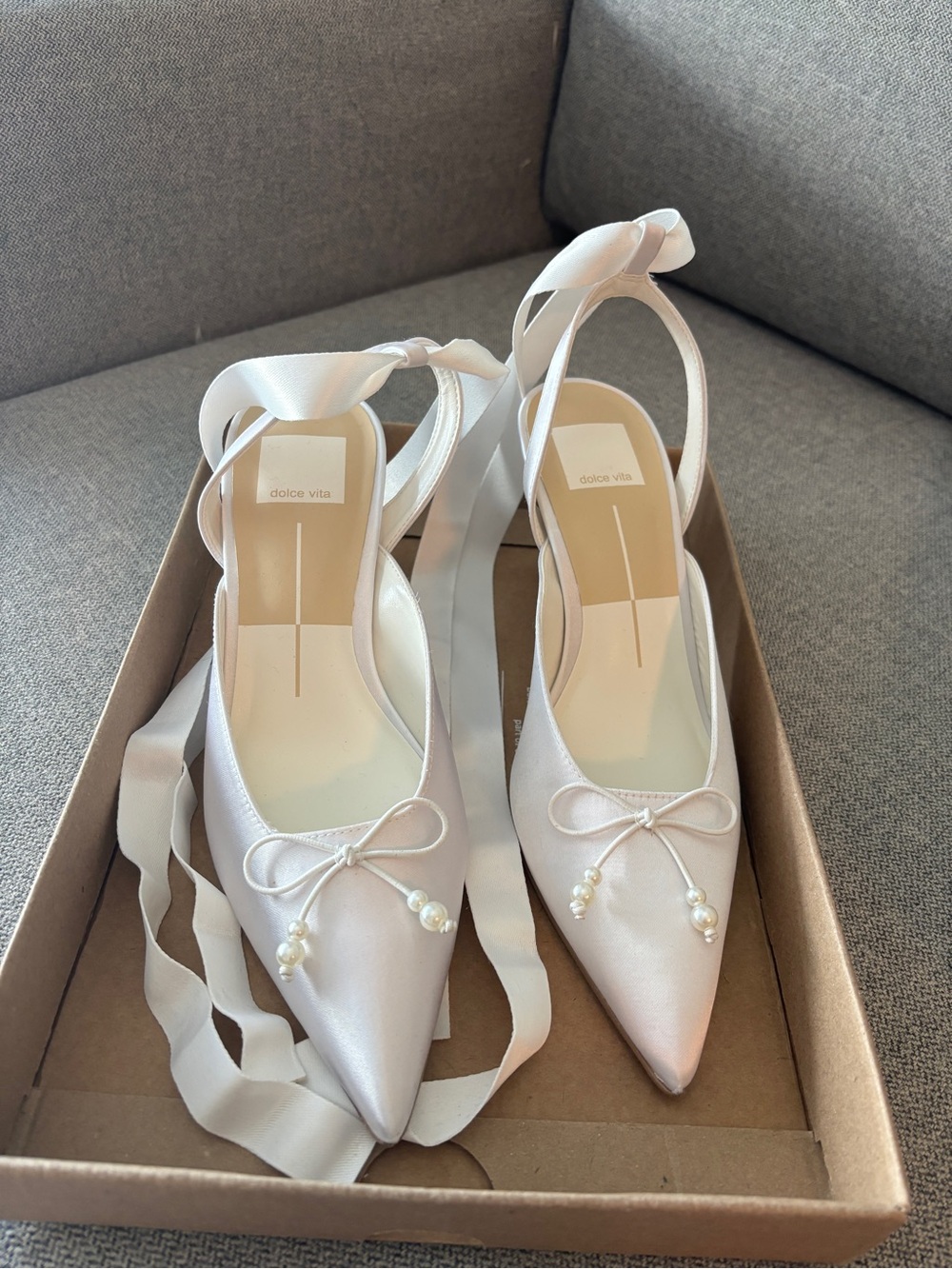Dolce Vita White Satin Pearl-Accent Slingback Heels - Picture 2 of 3